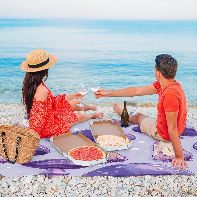 Waterproof Sandproof Beach Blanket 59''×68'' Mushrooms Polyester Outdoor Picnic Blanket with 4 Stakes &amp Storage Bag for BeachCampingVacation Purple