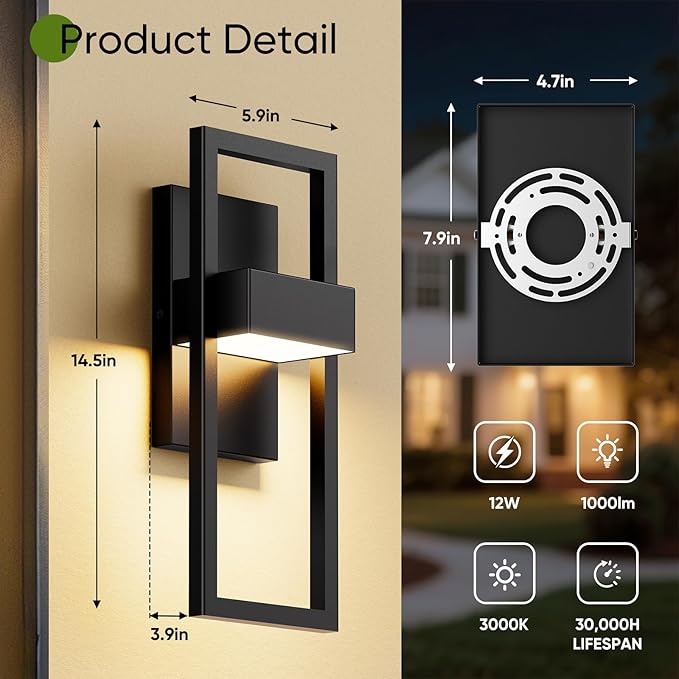 BesLowe 14.5” Modern Outdoor Wall Lights 3000K LED Exterior Lighting Fixtures Wall Mounted Porch Lights Outdoor Wall Sconce Lamps Black Outdoor Lights for House Front Door Garage Patio 2-Pack