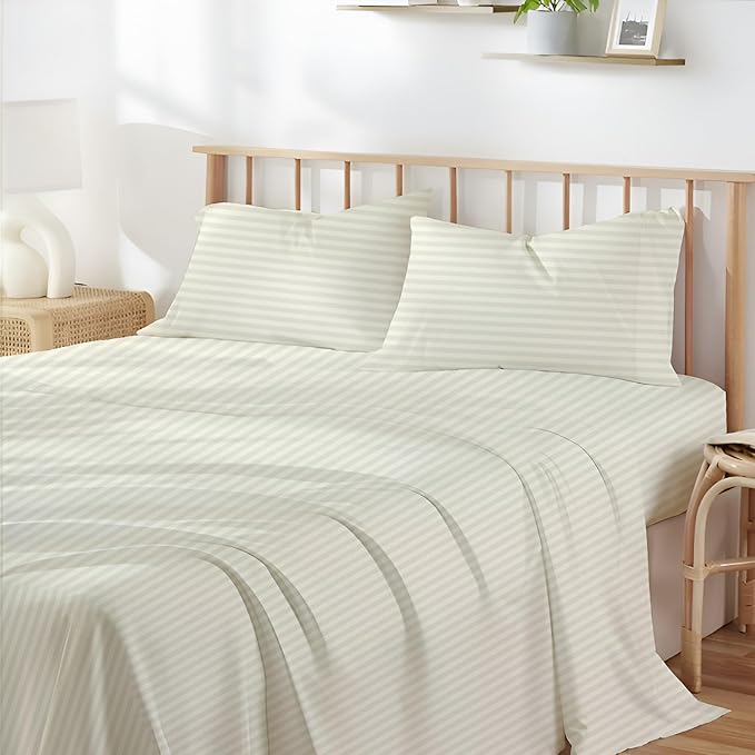 SlumberWell California King Sheet Set 4 Piece Luxury Soft Microfiber RV Camper Bedding 8 to 12 Inch Deep Pocket Sheets Fits 72x84 Mattress Ivory Stripe