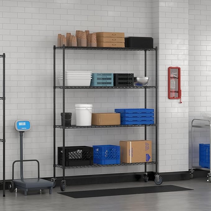 Commercial NSF Listed Black Epoxy Mobile Wire Shelving Kit 14 x 60 x 80 with 4 Shelves Perfect for Warehouse Walk-in Refrigerator Freezer Grocery Store Restaurant Dishroom