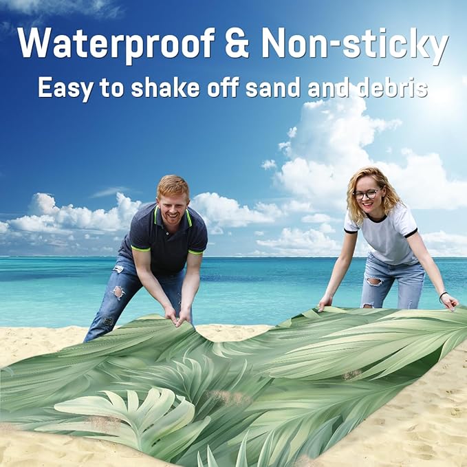 Waterproof Sandproof Beach Blanket 59''×68'' Coconut Leaves Polyester Outdoor Picnic Blanket with 4 Stakes &amp Storage Bag for BeachCampingVacation Winter Green