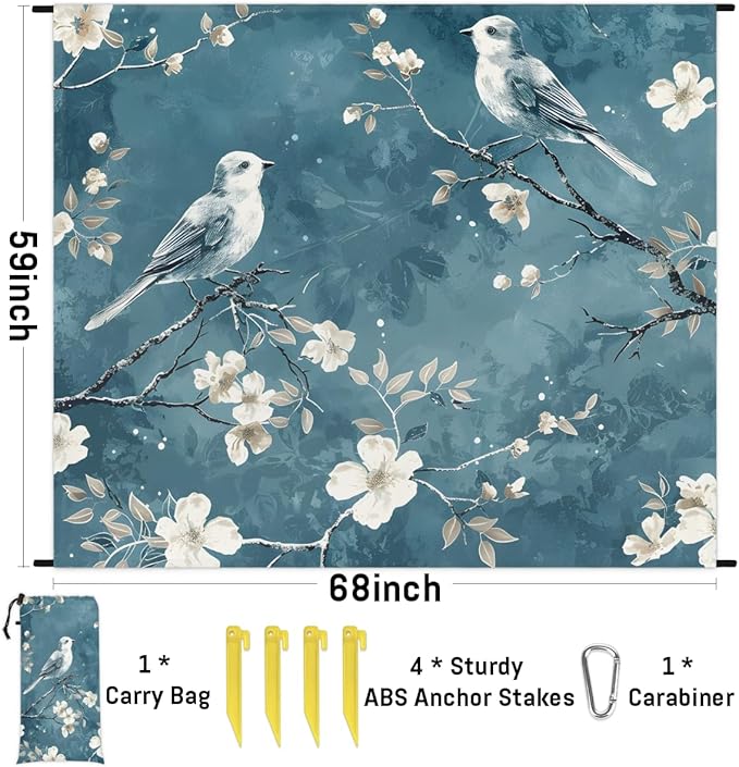 Waterproof Sandproof Beach Blanket 59''×68'' Plants &amp Bird Polyester Outdoor Picnic Blanket with 4 Stakes &amp Storage Bag for BeachCampingVacation Blue-Gray