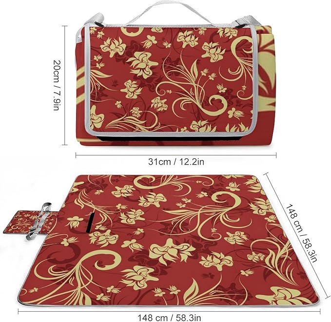 Flower Maroon Gold Floral Classy Burgundy Antique Waterproof Outdoor Picnic Blanket Sandproof Beach Mat for Camping Hiking Grass Travelling