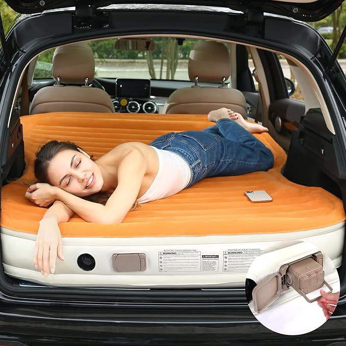 KMZ SUV Air Mattress with Built-in Pump &amp 2 Pillows Thickened Flocked PVC Quick 90-Seconds Inflation Air Bed Portable &amp Durable Car Air Bed for Camping Travel Truck
