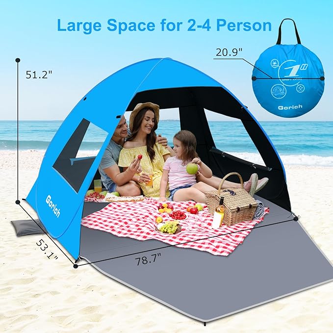 Gorich Easy Pop Up Beach Tent for 3-4 Person UPF 50+ UV Protection Beach Umbrella Sun Shelter Portable Lightweight Shade with Easy Foldable &amp Instant Setup