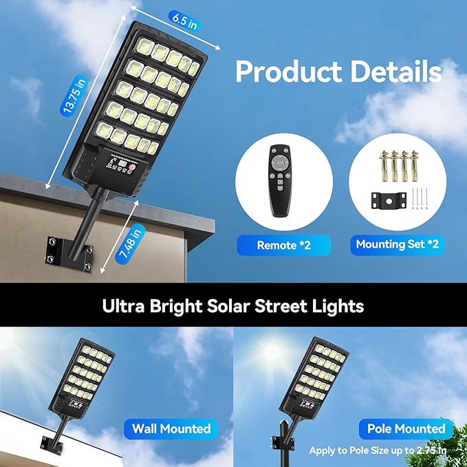 Solar Street Lights Outdoor Waterproof 20000LM 6500K Motion Sensor LED Flood Lights Dusk to Dawn Solar Lights with Remote Solar-Powered Parking Lot Light Commercial Area Lighting for Outside 2Pack