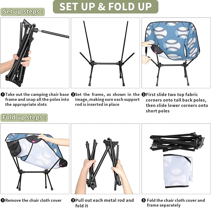 Honeybaby Folding Camping Chair Baseballs Print Camping Chairs Lightweight Portable Chair Outdoor Foldable Chairs for Camping Travel Picnic Beach Hiking