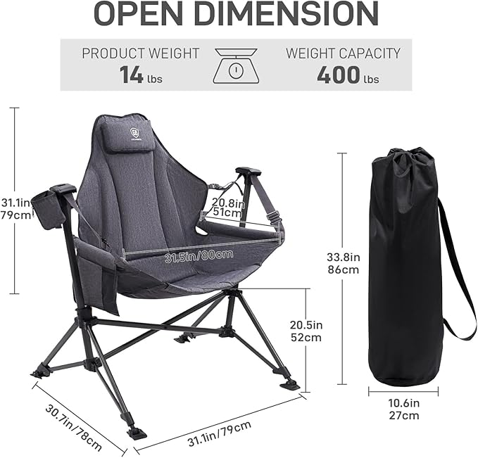 EVER ADVANCED Padded Hammock Camping Chair Oversized Heavy Duty Swing Chair with Detachable Cup Holder Portable Folding Rocking Camping Chair Support Up to 400lbs
