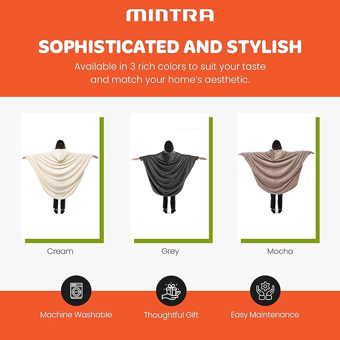 Mintra Home Wearable Blanket Hoodie Soft Warm &amp Cozy Snuggies for Women &amp Men Hooded Blanket with Full Sleeves for Adults One Size Fits All 70in x 62in (Mocha)