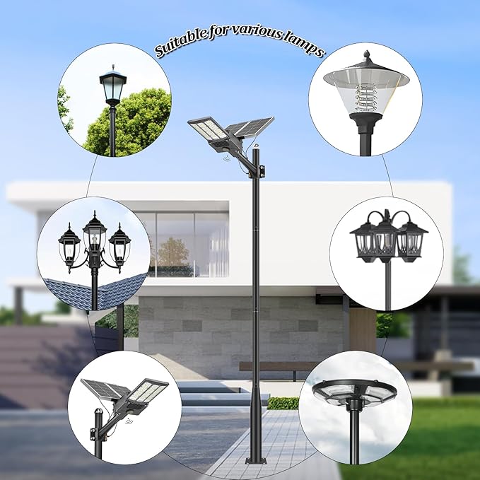 Street Light Pole 13Ft - Black Outdoor Adjustable Metal Solar Street Lamp PostSuitable for Street Courtyard Porch Exterior Patio Flag Lighting Fixtureswith Mounting Rebar Cage Base Accessory