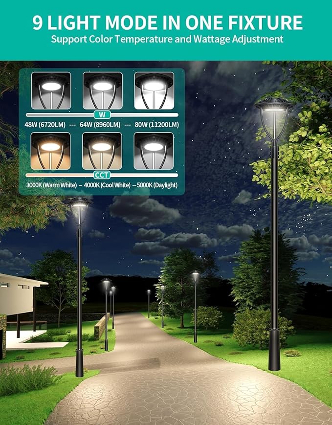 4 Pack LED Post Top Light ETL DLC Listed 80W 64W 48W Adjustable 3CCT Adjustable Outdoor Pole Lights with Photocell IP65 Waterproof Post LED Fixture for Garden Yard Street Lighting
