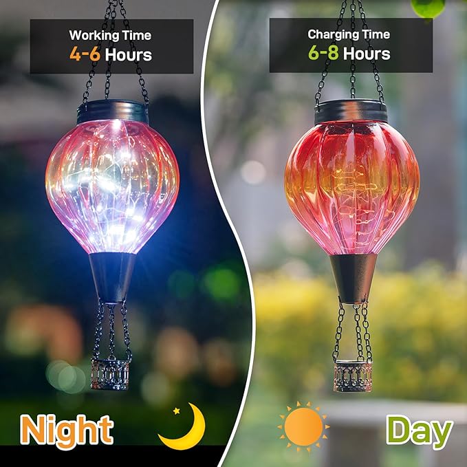 2PC Hot Air Balloon Solar Lantern Outdoor Waterproof Gradient Orange Glass Balloon Lantern Lights Hanging Solar Lights for Outside Patio Garden Tree Porch Yard Gift for Women Mom