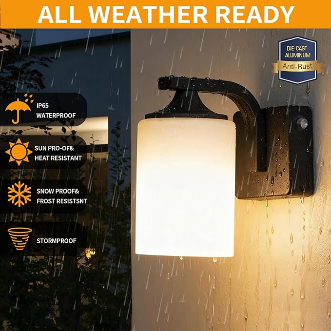 Dusk to Dawn Outdoor Wall Light Sconce Waterproof Aluminum Porch Light Exterior Fixture with Milk Glass Shade for Patio Yard Garden HouseOutside Matte Black