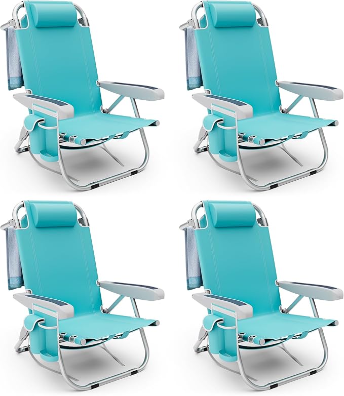 Tangkula Set of 4 Backpack Beach Chair 5-Position Lightweight Folding Lay Flat Beach Chairs with Storage Bag 2 Cup Holders Towel Bar Backpack Straps