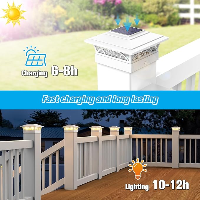 Solar Post Cap Lights Outdoor 12pack White Deck Fence Post Lights Solar Powered with 16LEDS 2 Lighting Modes 4x4/5x5/6x6 Waterproof Fence Post Lights for Garden Patio Porch Backyard