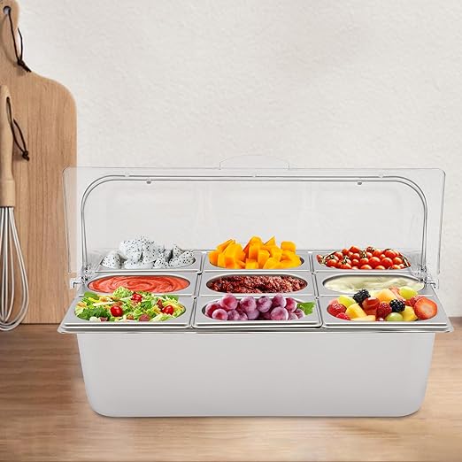9-Compartment Stainless Steel Food Serving Tray with Lid Countertop Buffet Condiment Dispenser Display Container with Ice Packs 9 Tongs &amp Spoons for Restaurant Hotel Kitchen Party