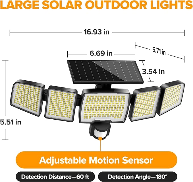 UME Solar Outdoor Lights 620 LED 4500LM IP65 Waterproof Motion Sensor Outdoor Lights 5 Heads Solar Security Flood Light 270 Wide Lighting Angle with 3 Modes for Garden Patio Yard - 2 Pack
