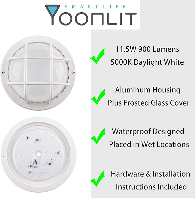 YoonLIT 8.0 inch Outdoor Round LED Bulkhead Light Fixture Wall or Ceiling Flush Mount Waterproof for Porch Basement Hallway Balcony 11.5W 900 Lumens 5000K White Finish 1-Pack
