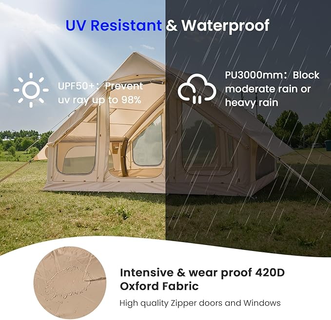 Inflatable Tents for Camping Super Easy to Blow Up Tent with Hand Pump Waterproof Oxford Cloth &amp Stove Jack Spacious Air Tent Hot Tents for 4-6 People