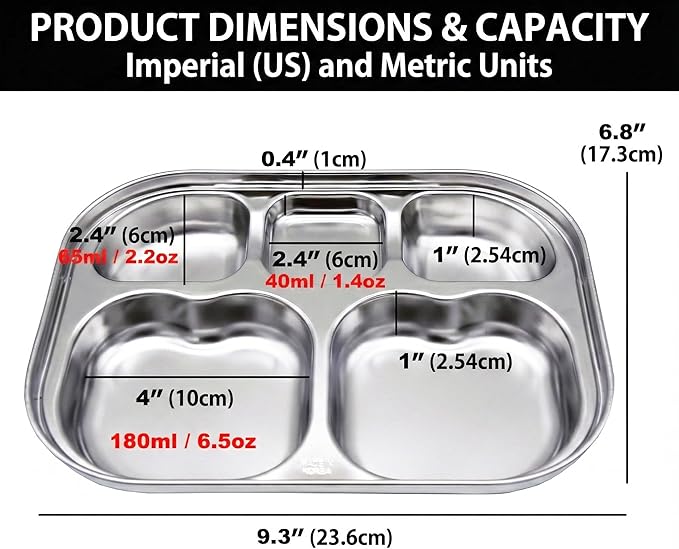 Korean Stainless Steel Divided Plates for Toddlers Kids Babies Premium 304 Electro-Polished No Black Residue BPA-Free 5-Compartment Food Tray Camping Picky Eaters Set of 2
