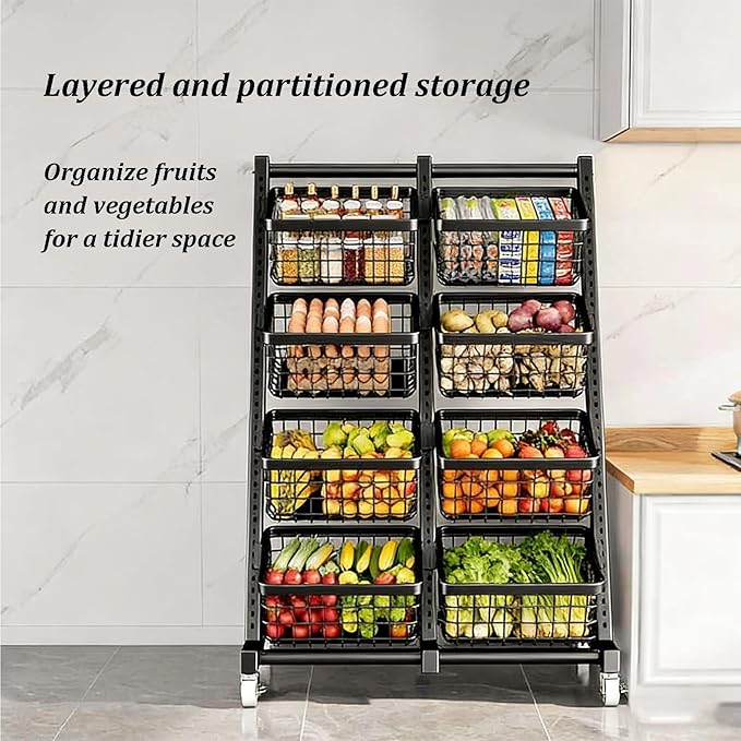4-Tier Rolling Snack Rack Display Stand Adjustable Metal Shelves for Fruit &amp Vegetable Storage Versatile Retail Organizer for Home Kitchen &amp Market (White)