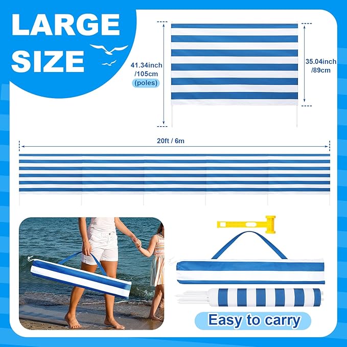 Sliner 20ft Beach Wind Screen with 5.5ft Beach Umbrella Set UV 50+ Wind Blocker Fence for Sand Outdoor Portable Windscreen Sunbathing Privacy Screen Includes Bag &amp Hammer(Blue and White)
