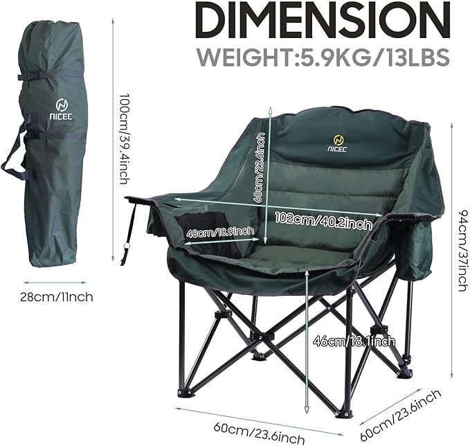 Nice C Camping Chairs Oversized XL Padded Camping Chair Outdoor Chair Lawn Chairs Lounge Chair Wide&ampThick Heavy Duty 400lb Carry Bag Cupholder &amp Cooler (Two Green)