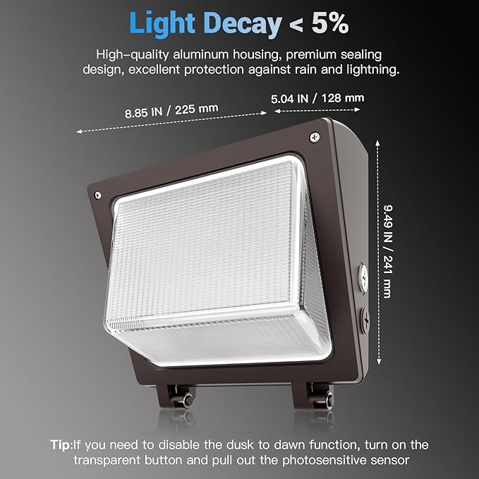 JTT LED Wall Pack Light with Dusk to Dawn PhotocellIP65 Waterproof WallPack Lights 75W/60W/45W6000K/5000K/4000K Daylight600W HPS/HID ReplacementCommercial Security Lighting for WarehouseGarage