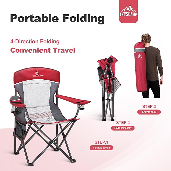 LET'S CAMP 2 Pack Mesh Back Camping Chair Portable Folding Heavy Duty Outdoor Chair Support 330 LBS Durable Large Arm Chair with Cup Holder and Carry Bag for Camp Fishing Hiking Red