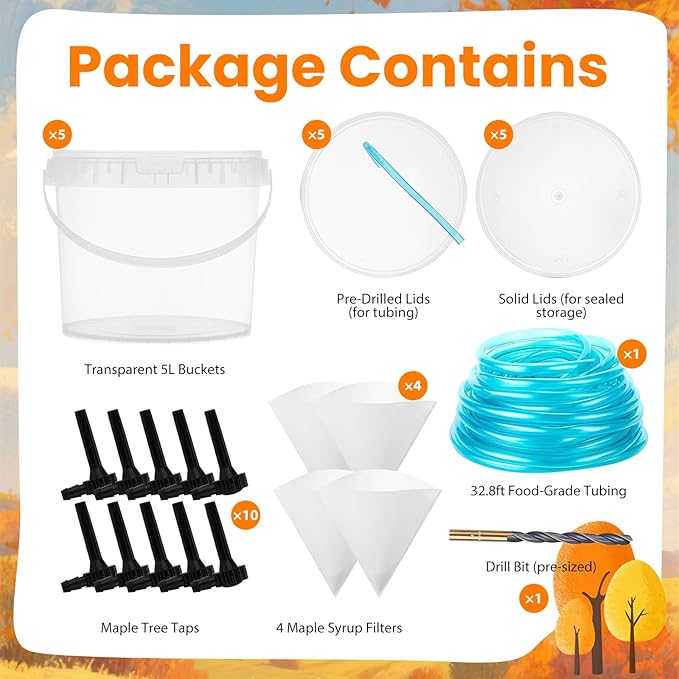 5 Sets Maple Syrup Tapping Kit Starter Set Included 5 Clear Buckets with 10 Lid 32ft Tubing 4 Maple Syrup Filters 10 Taps &amp 1 Drill Bit Maple Birch Syrup Collection Supplies