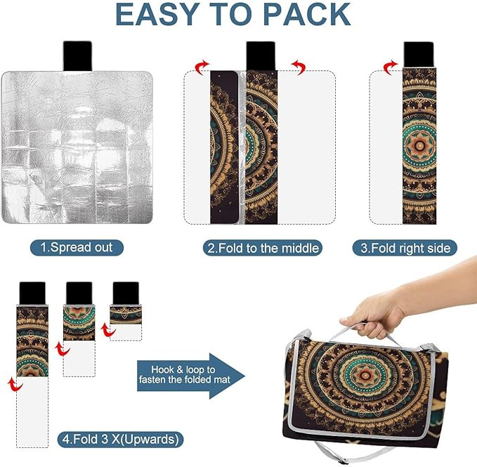 Mandala Beach BlanketPortable Waterproof Picnic Blanket58.3''x 58.3'' Extra Large Picnic Mat for BeachCamping Grass Lawn Park Accessorie for Festival BBQ