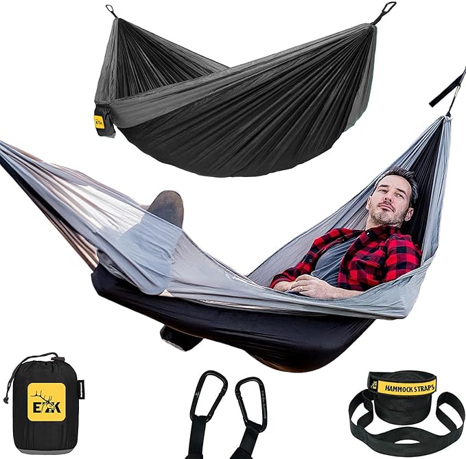 ELK Single Hammock with Tree Straps - Lightweight Parachute Nylon for Outdoor Adventures (Black/Gray Single)