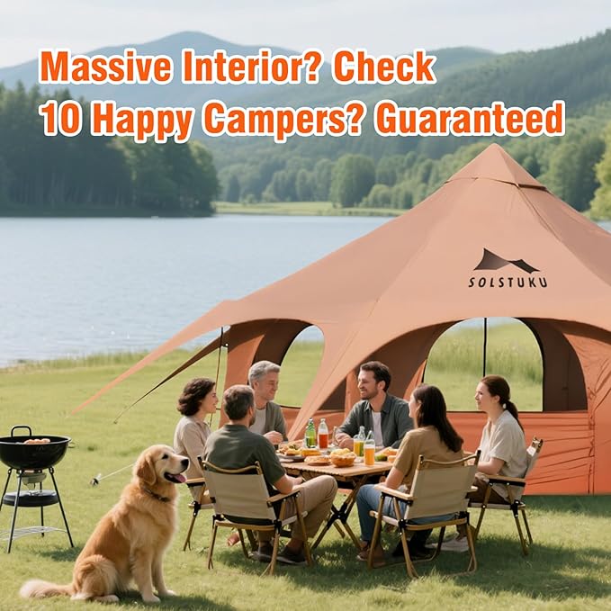 SOLSTUKU 4 Season Canvas Bell Tent 270 sq ft 9.8 ft Peak Height 10 Person Free Standing Zipper Closure Compact Style Camping &amp Hiking Family Camping Cold-Weather Outdoor Activities
