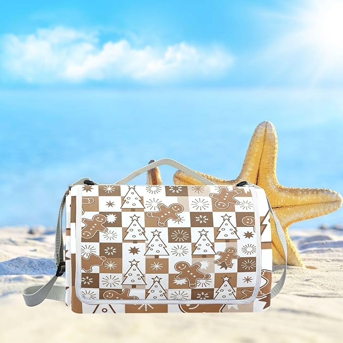 MNSRUU Picnic Blanket Waterproof Foldable Gingerbread Men and Christmas Large Outdoor Picnic Beach Camping Blanket Travel Mat Shoulder Strap Tote Rectangle 57x59in