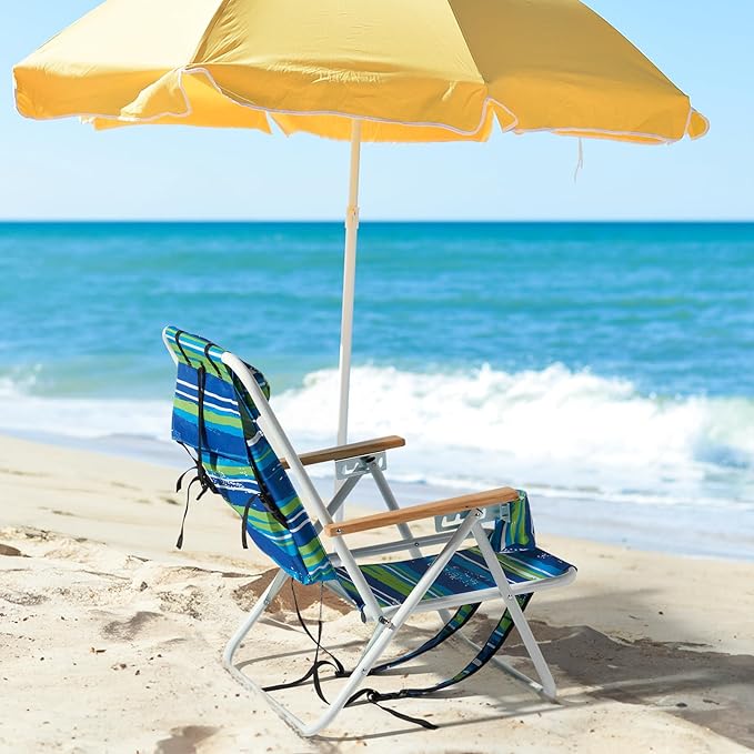 Folding Backpack Beach Chair 4 Position Portable Camping Chair with Headrest Cup Holder and Wooden Armrests (Blue Stripes 2 Packs)