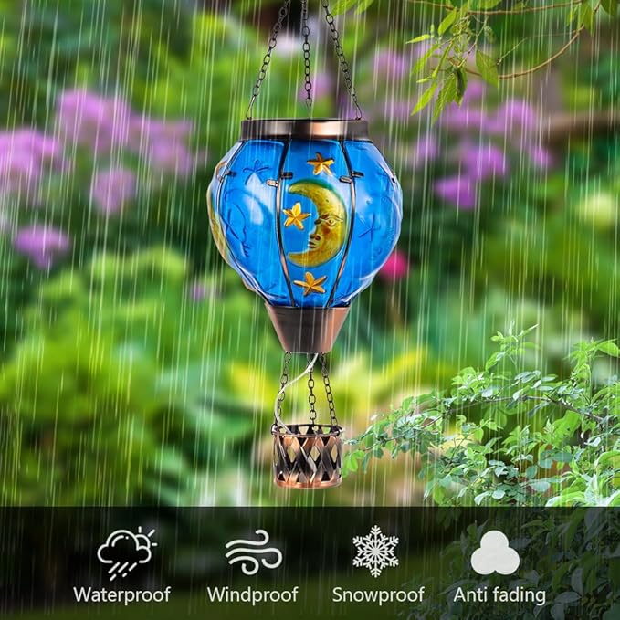 Moon Pattern Hot Air Balloon Solar Lantern with Flickering Flame  Hanging Outdoor Lantern Light Glass Waterproof Decor for Patio Porch Garden