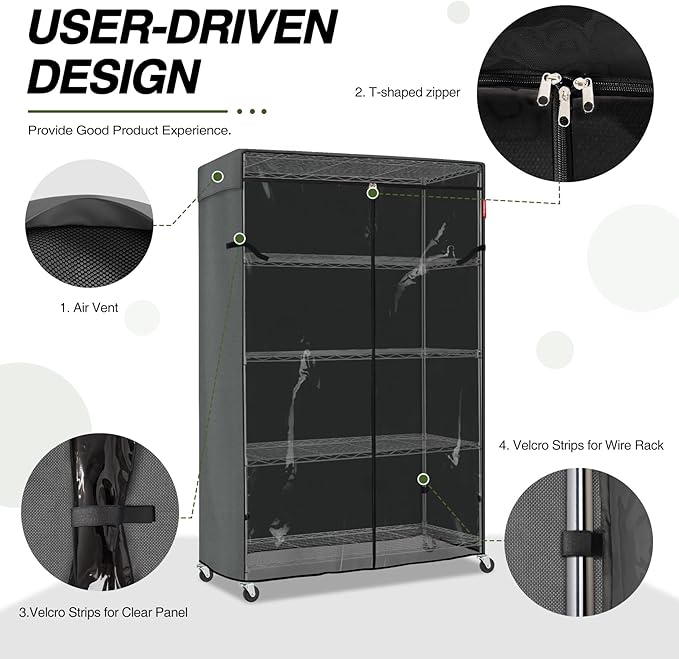 Porch Shield Storage Shelf Cover Fits 48 x 24 x 72 Wire Rack - Dustproof Shelving Unit Cover with Front Transparent(Grey)