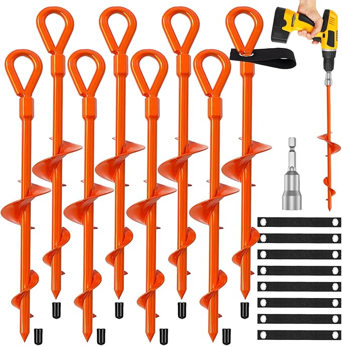 Ground Anchors Shed Anchor Kit - 15 Inch 4-Pack Spiral Stakes Ground Anchors Heavy Duty - Strong Wind Resistant for Camping Tents Carports Swing Sets and Canopies - Earth Anchors (Orange)