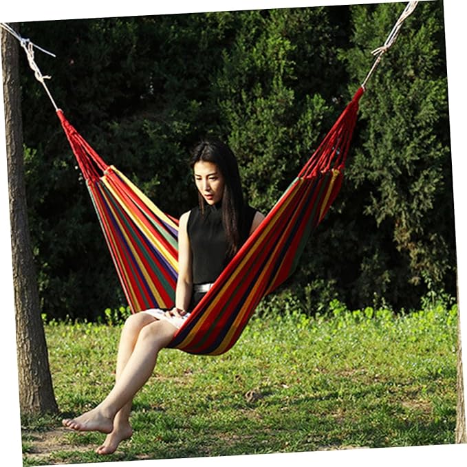 GALPADA Canvas Single Hammock Stripes Lightweight Portable Garden Swing for Outdoor Camping Travel and Relaxation Includes Carry Bag and Rope for Easy Setup
