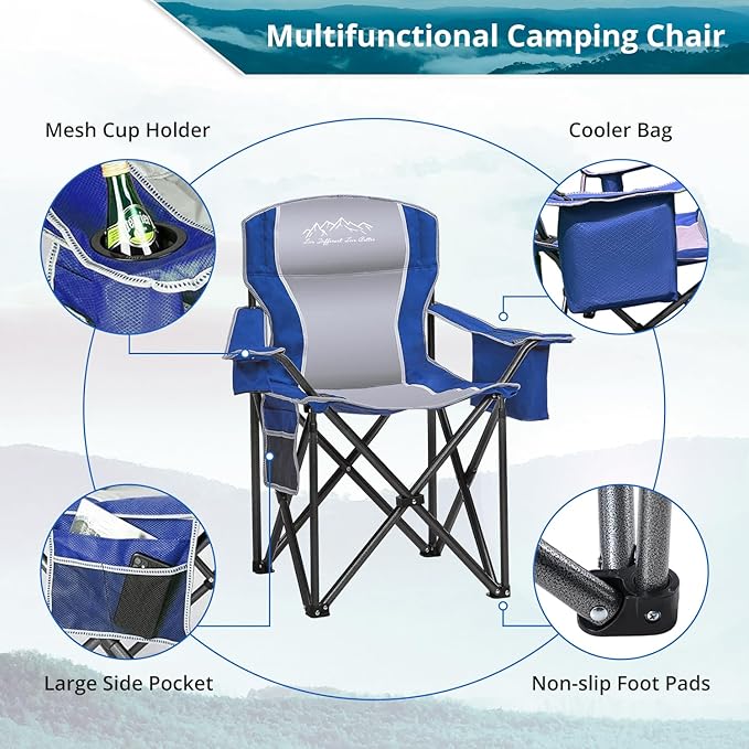 Folding Camping Chair Heavy Duty Portable Lawn Chairs with Cooler Bag Side Pocket &amp Cup Holder Folding Chairs for Outside Support 450lbs Blue