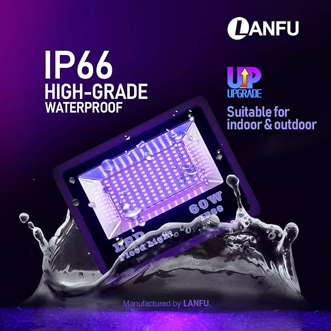 LANFU 2Pack 60w LED Black Light Blacklight for Fluorescent Neon Glow in The Dark High Power LED Flood Light IP65 with Plug for BirthdayBarParty SuppliesAquarium(Upgrade Reflector)
