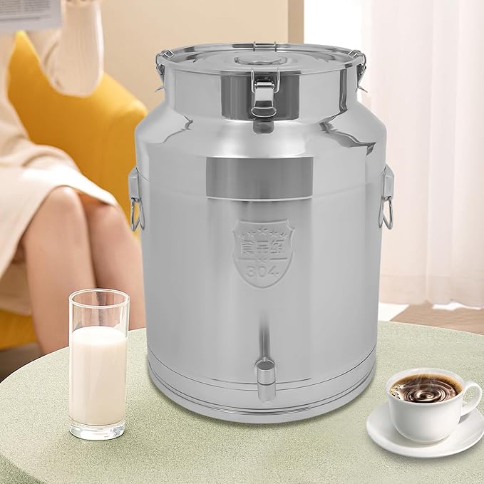 Stainless Steel Milk Can 64L/16.9Gal Metal Drink Dispenser Airtight Canister with Faucet &amp Lid Wine Oil Beverage Storage Container Bucket for Kitchen Restaurant Party W15.8*H21.3in