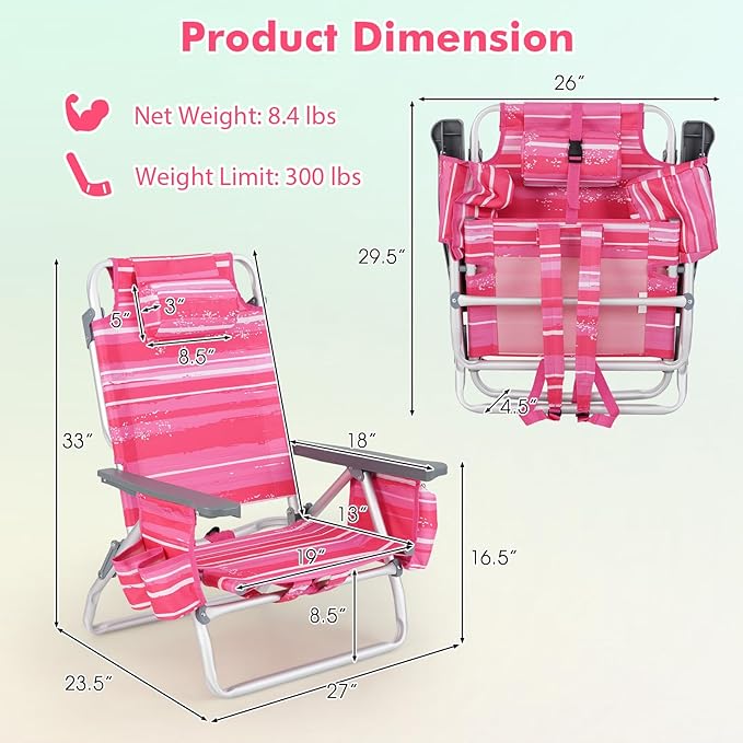 2-Pack Folding Beach Chairs Outdoor Patio Lawn Lounger with 5 Adjustable Position Cooler Pouch Headrest &amp Accessories Portable Camping Chairs for Outdoor Relaxation (2 Pink Stripe)