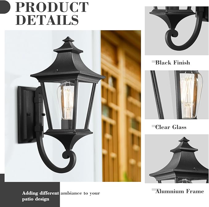 Emliviar 2 Pack Outdoor Sconces Wall Lighting 15 Inch Modern Outdoor Wall Light with Clear Glass Black Finish XE292UB-2PK BK
