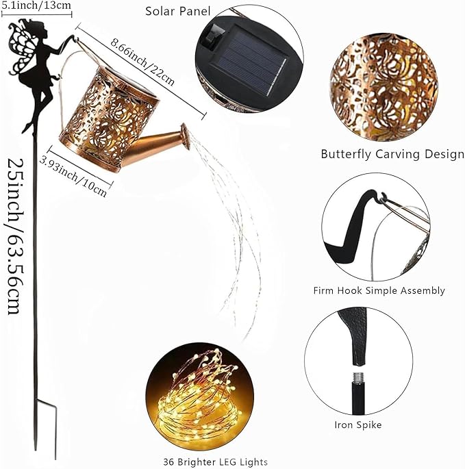 Solar Watering Can Light Outdoor Decor - Waterproof Solar Garden Pathway Lights for Yard Garden - Perfect Gifts for Women Mom Grandma Birthday (Fairy-Style)