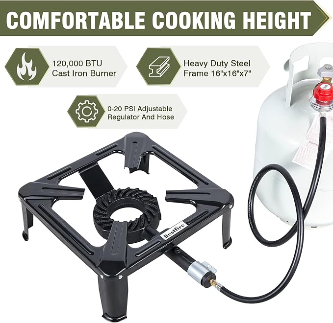Bestfire High Pressure Propane Burner 120000 BTU Single Propane Stove with 4.1ft 0-20Psi Adjustable Hose with Regulator 16 Square Steel Cooktop for Camping