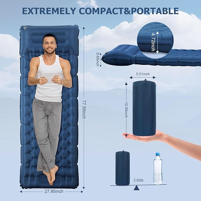 Sleeping Pad 4.7 Extra-Thick &amp Ultralight Inflatable Camping Mat with Pillow Built-in Foot Pump Compact for Backpacking Camping Hiking Travel — Navy Blue