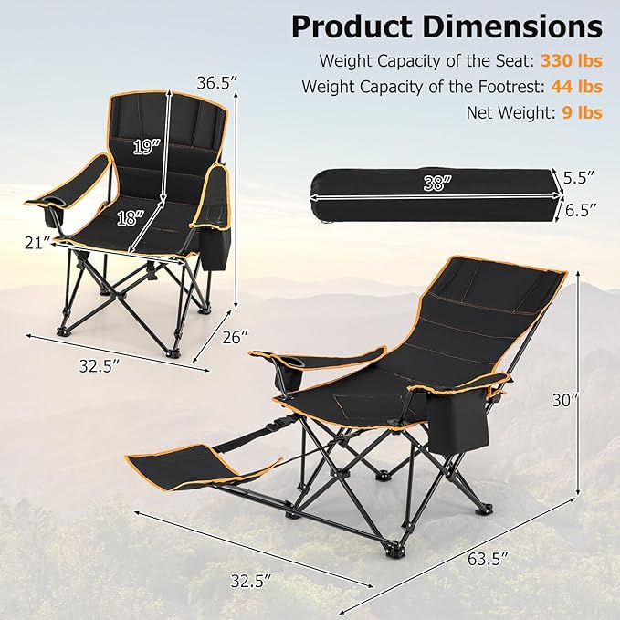 Goplus Reclining Camping Chair with Removable Footrest 2-in-1 Folding Lounge Chair w/Adjustable Backrest Storage Bag &amp Cup HolderPortable Recliner Cozy Lounge Chair for Picnic Fishing (1)
