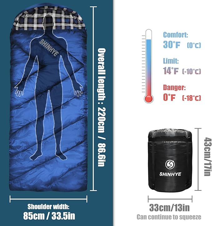 ShinHye 0 Degree Sleeping Bag for Adults - Cotton Flannel 4 Season Cold Weather Winter XXL Big and Tall Camping Sleeping Bag with Compression Sack