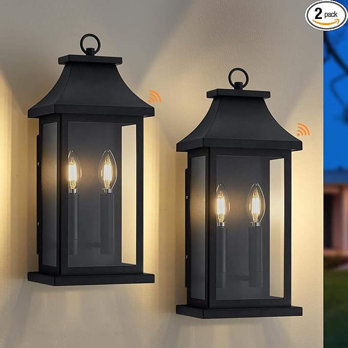 tewei 18'' Dusk to Dawn Outdoor Light Fixture Porch Lights Outdoor Wall Sconce Lantern 2-Light Black Exterior Lighting Fixture Wall Mount Outside Light for House Garage 2-Pack